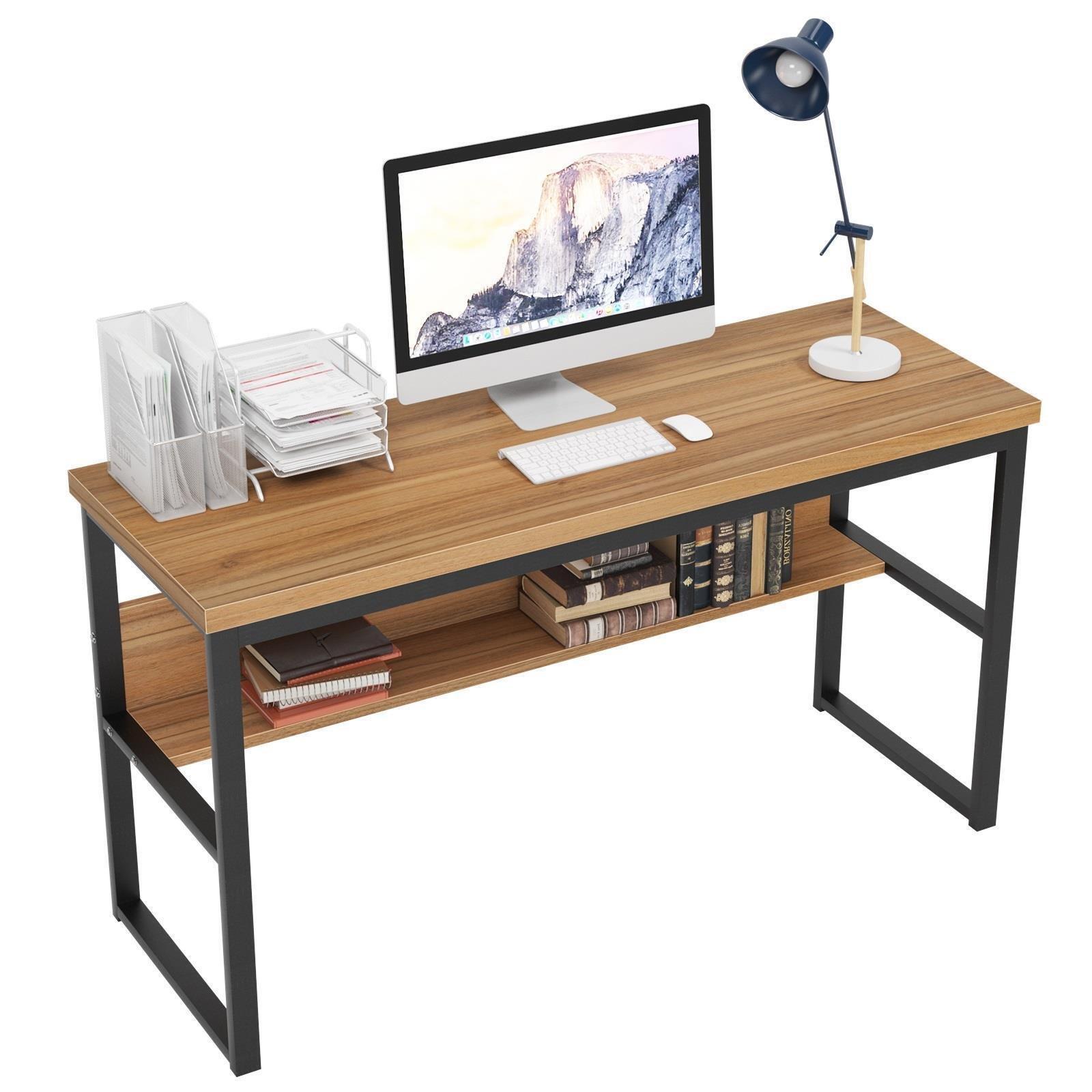 Wooden Metal Oak Computer Table Writing PC Study Desk Workstation With Shelf